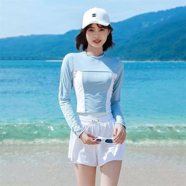 夏 フィットネス水着 レディース ママ水着 体型水着 長袖ラッシュガード  上下セット セパレート ...