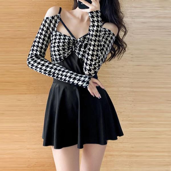 ミニスカート付き 水着  夏2点セット 千鳥柄 体型カバー ビキニ セパレート リゾート 海 プール...