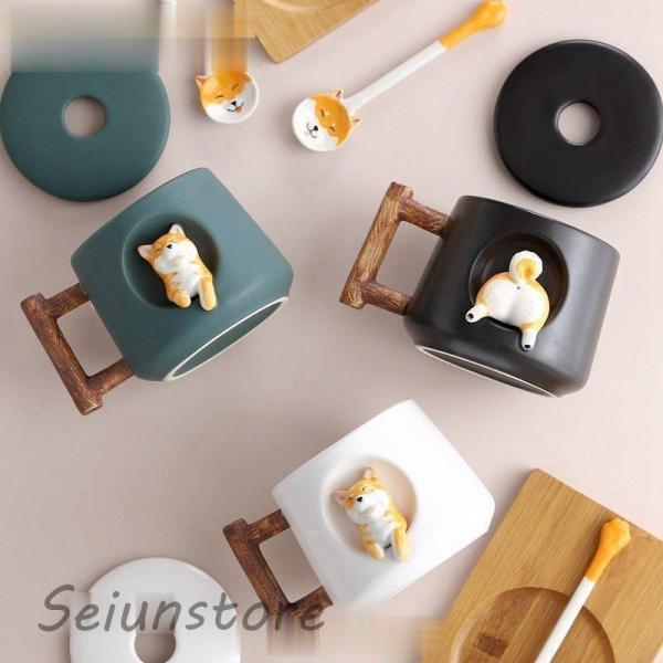 マグカップ 犬 北欧 大きい 保温 かわいい おしゃれ 陶器 フタ付き 蓋付き マドラー付き イヌ ...