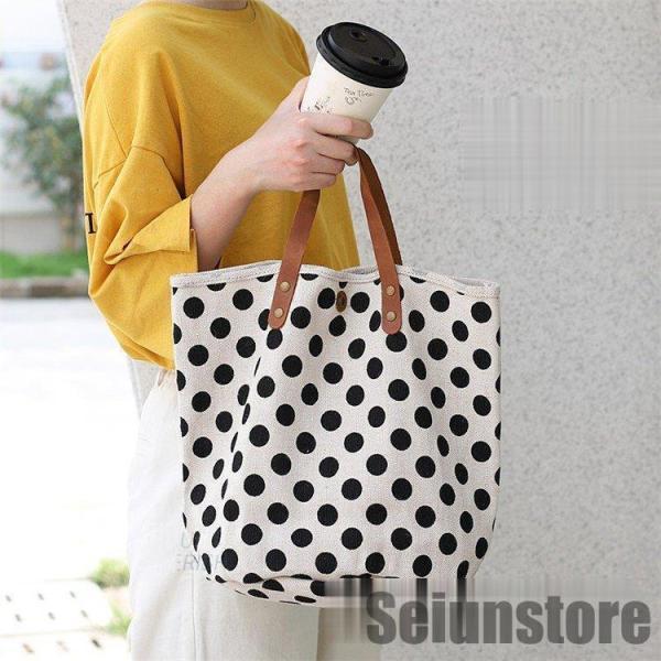 トートバッグ レディース 帆布 キャンバス 大きめ エコバッグ ハンドバッグ ドット柄 雑誌 大容量...