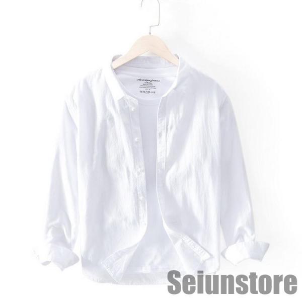 シャツ メンズ 開襟シャツ カジュアルシャツ コットン 長袖 ホワイトシャツ 白シャツ ビジネス カ...