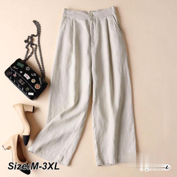 ガウチョパンツ 麻綿混紡 ワイドパンツ ウエストゴム入り 左右ポケット レディース トップスゆったり...