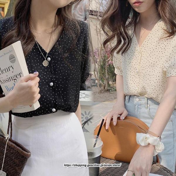 シャツ ブラウス Ｖネックドットブラウス シフォンドット柄ブラウス 半袖 夏新作 涼しい 柔らか オ...