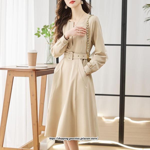 ワンピース ロングワンピース 長袖 レディース 春 秋冬 ミディアム きれいめ カジュアル 着痩せ ...