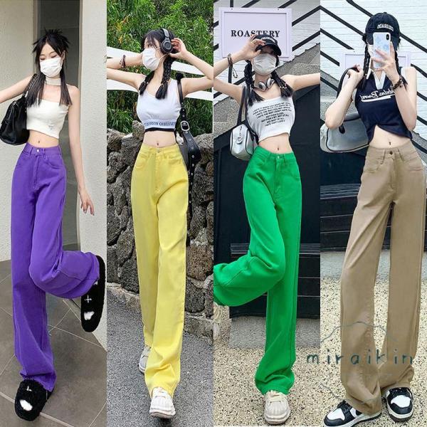 ワイドパンツ フレア ロングパンツ カラーボトムス レディース 脚長 落ち感 春夏 カジュアル 体型...
