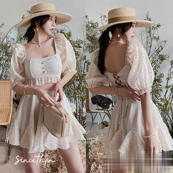 水着 パフスリーブ スカート 可愛い水着 レディース フリル ドット 2点セット ベージュ 水着セッ...