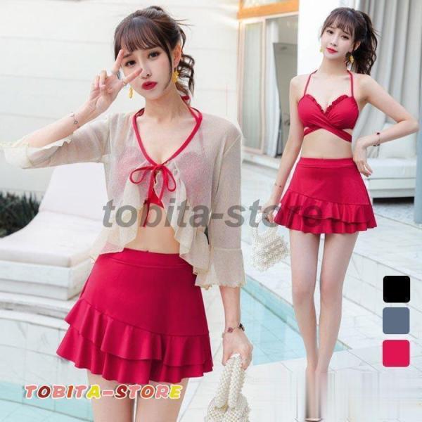 水着 レディース 3点セット 夏 小胸 バンドゥ 水着セット ビキニ パレオ 大きいサイズ リゾート...