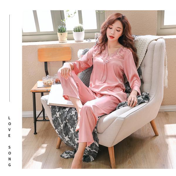 パジャマ 無地 夫婦 カップル シルク 長袖パジャマ　ペアパジャマ 女性 男性 レディース パジャマ...