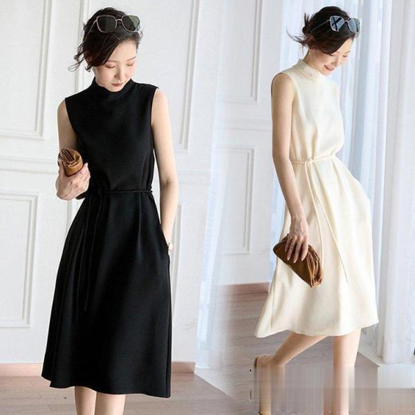 シャツワンピース レディース マキシワンピース 春夏新作 ノースリープワンピース 黒 白 スタンドカ...