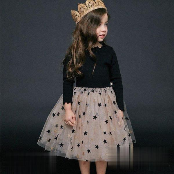 ワンピース プリンセス キラキラ子ども服 キッズ服 女の子 長袖 チュールスカート 星柄 無地 薄手...