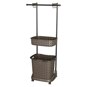 JEJアステージ 収納ラック レクエア ランドリーバスケット 2段 ハンガー付 ダークブラウン 日本製 簡単組み立て 幅59.6×奥行35×高さ137cm