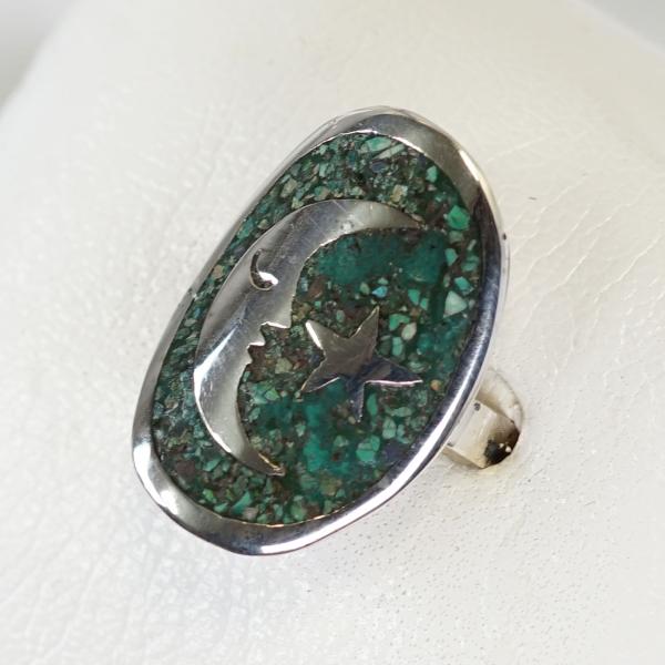 シルバーリング メキシコ製 孔雀石とシルバー フリーサイズ 月と星 Moon Star マラカイト
