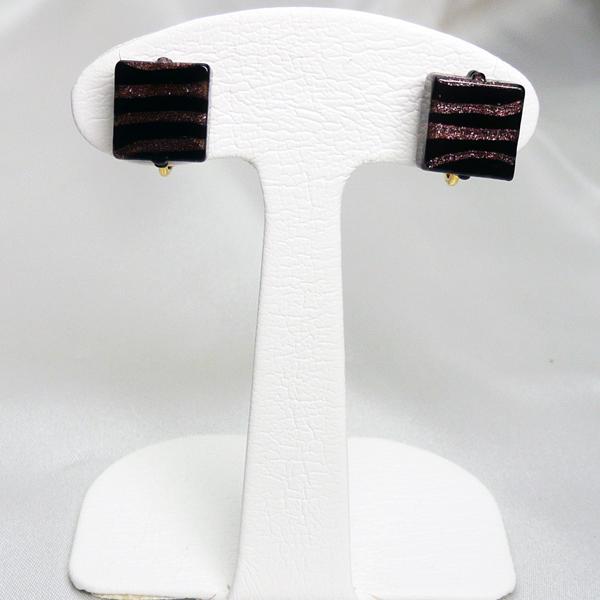 イヤリング ベネチアングラス イタリア製 角 四角 K24金箔入り 小 茶金・黒 ベネチアンガラス ...