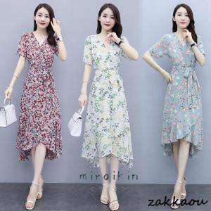 ロングワンピース レディース 花柄サマードレス リゾートワンピース ロング 半袖 シフォン Aライン 着痩せ 大人可愛い 上品 キレイめ カジュアル お出かけ