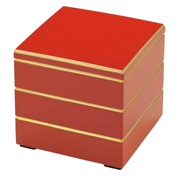 割烹漆器 若泉漆器 お重箱 7.5寸?校倉重 朱渕金（内黒）3段 H-158-6A