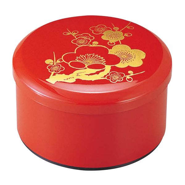割烹漆器 若泉漆器 ミニお重 ?丸重 朱 梅（内黒）1段 H-168-4