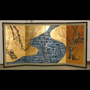 屏風 びょうぶ 肉筆作品 衝立 ついたて 金彩屏風 金彩大鶴絵二曲屏風