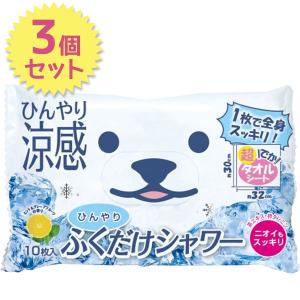 ひんやり ふくだけシャワー 10枚入り×3個セット タオルシート 涼感タオルシート 大判 汗拭きシート ミント＆グレープフルーツの香り ときわ商会｜select-mofu-y