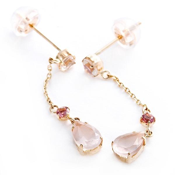 ピンクトルマリン ブルームーン ローズクォーツ ピアス K10 イエローゴールド ドロップモチーフ ...