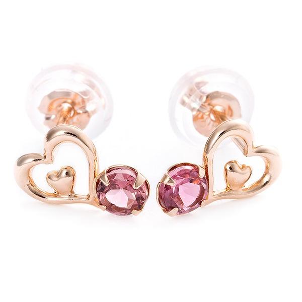 ピアス ピンクトルマリン K18 ピンクゴールド ハートモチーフ スタッド シリコン製ダブルロックキ...