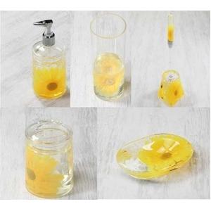 サニタリーグッズ/洗面所用具 〔ひまわり柄5点セット〕 ソープディッシュ/歯ブラシスタンド等 アクリ...