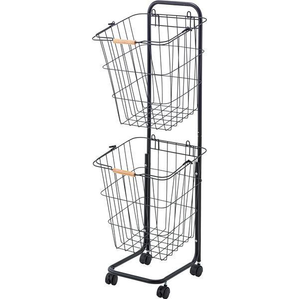 バスケットワゴン/収納ボックス 2セット 〔2段 ブラック〕 幅37cm×奥行40cm×高さ107c...