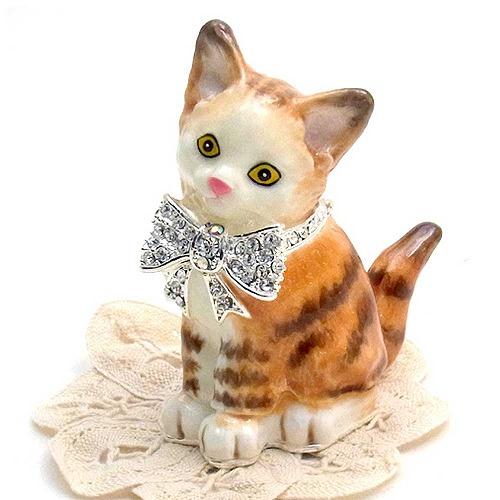 【ジュエリーボックス】 リボン 猫 ネコ ブラウン ジュエリーボックス  2493 n90801