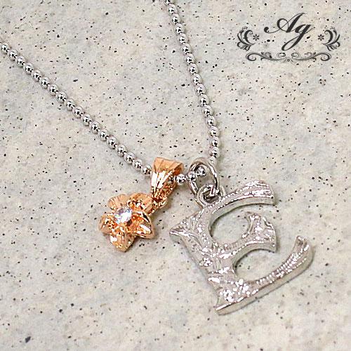 イニシャルネックレス　【アジェ 】ハワイアン 　プルメリア モーチフ　ペンダント　ネックレス (E)