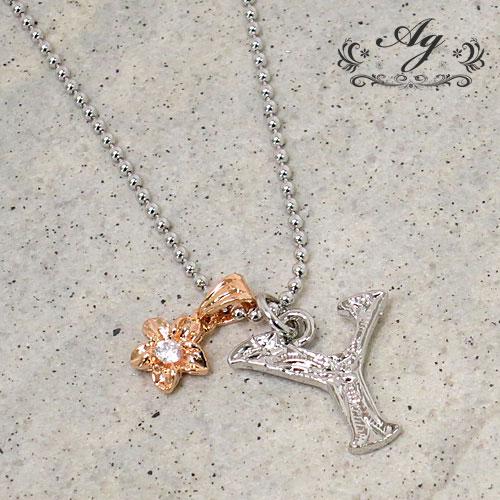 イニシャルネックレス　【アジェ 】ハワイアン 　プルメリア モーチフ　ペンダント　ネックレス (Y)