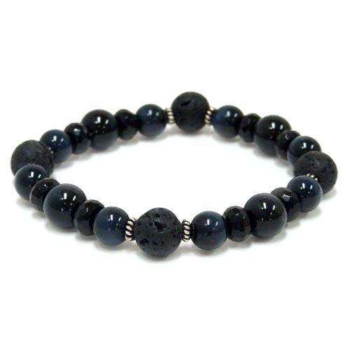 溶岩石 天然石ブレスレット 溶岩石(ラヴァストーン)10-8mm玉＆紺虎目石(ホークスアイ)8mm玉...
