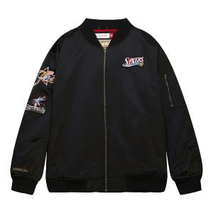 NBA 76ers ジャケット サテン ボンバージャケット ライトウェイト ミッチェル＆ネス/Mitchell & Ness ブラック｜selection-basketball