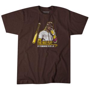 【海外限定版】MLB フェルナンド・タティス ジュニア パドレス Tシャツ Bat Flip T-Shirt バットフリップ Breaking T ブラウン｜selection-j