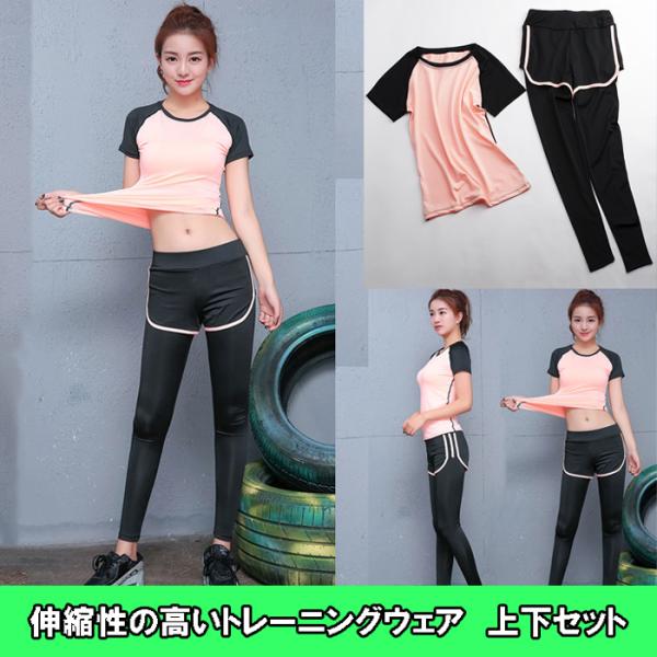 スポーツウェア レディース トレーニング ジム 半袖 ロングパンツ 上下２点セット 速乾 伸縮性 細...