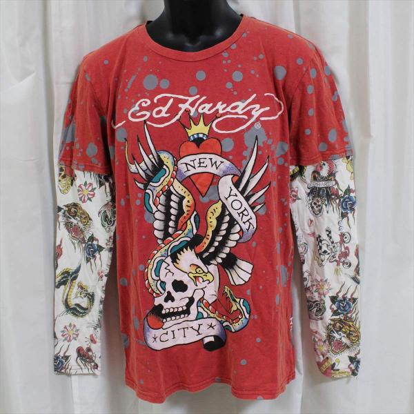 エドハーディー ed hardy メンズダブルスリーブTシャツ レッド 長袖 M03VDS057 赤...