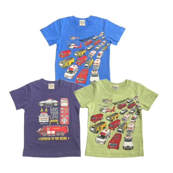 男の子 半袖 Tシャツ はたらくくるま 100 110 パトカー 救急車 消防車 緊急車両 乗り物 ...
