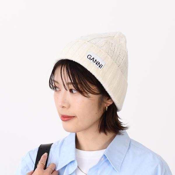 GANNI ガニー ニット帽 帽子 ウールケーブルビーニー A5111 レディース ホワイト ウール...