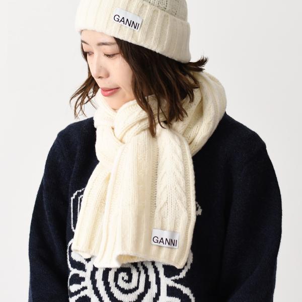 GANNI ガニー マフラー ニット A5113 レディース ホワイト リサイクルウール ケーブル編...