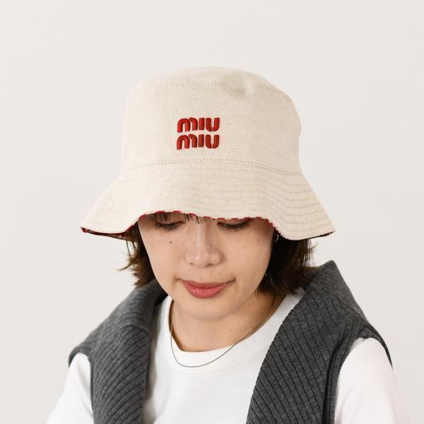 MIU MIU ミュウミュウ 帽子 ストライプリネンブレンド バケットハット 5RM030 2CQQ...