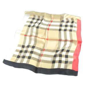 訳あり シルク100％スカーフ タータンチェック柄　約50cm正方形　バーバリーチェック柄　赤×黒