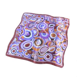 訳あり シルク100％スカーフ　幾何学サークル柄　パープルブラウン