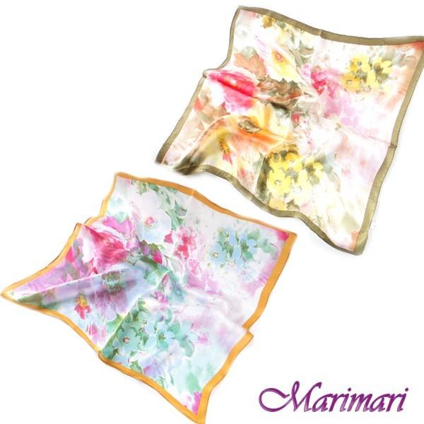 訳あり シルク100％スカーフ　水彩画風情 ネッカチーフサイズ 約50cm正方形 スペインミハスの花...