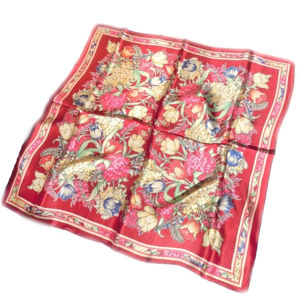 訳あり 大判シルクスカーフ ノスタルジックフラワー柄　えんじ色×マルチカラー 約80cm正方形