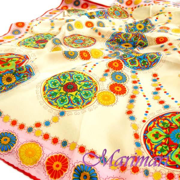 訳あり 大判シルクスカーフ  春色オリエンタル・ピンクがアクセント　ピンクベージュ・タペストリー風 ...