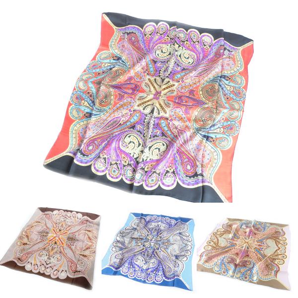 大判シルクスカーフ エスニックテイスト　ブラウン ペイズリー柄 年齢を問わず人気の柄 約80cm正方...