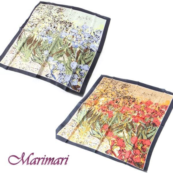 訳あり  大判シルクスカーフ 名画 油絵タッチ アイリスのお花畑   額に入れて飾れるデザイン 約8...