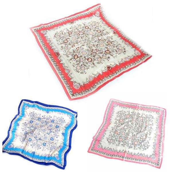 訳あり 大判シルクスカーフ　アラベスク模様 朱色レトロ　中世　約80cm正方形