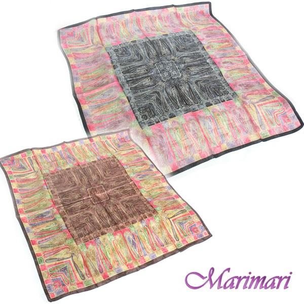 地紋入り  大判シルクスカーフ  壁画柄  オリエンタル  ブラック ブラウン 約80cm正方形