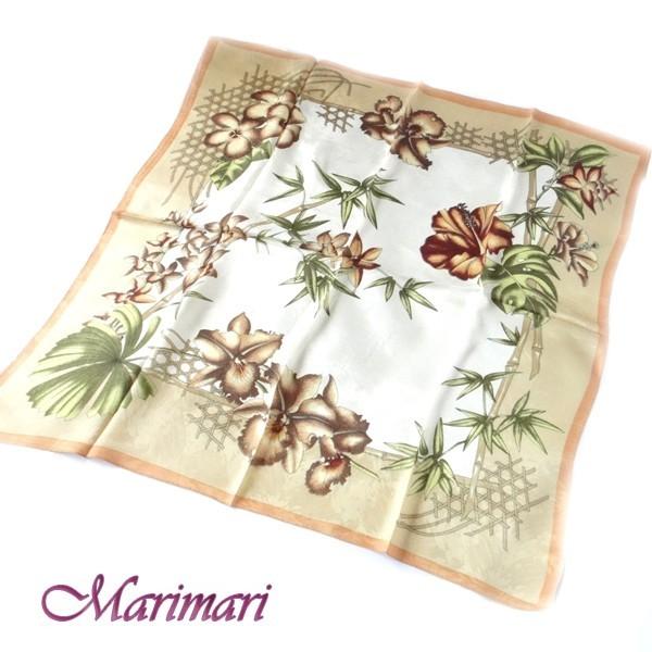 訳あり 地紋入り 大判シルクスカーフ 竹藪に蘭 オレンジ色  約80cm正方形