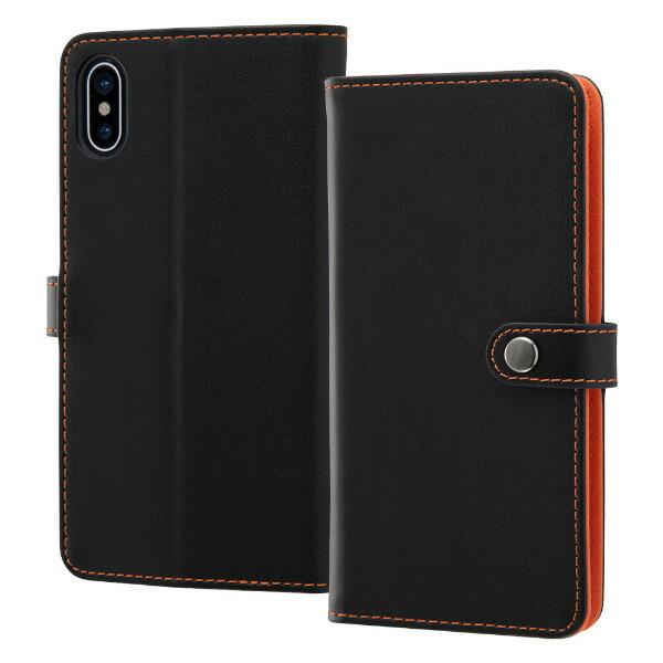 iPhoneXS iPhoneX ケース 手帳型 スナップ ブラック オレンジ カバー アイフォン ...