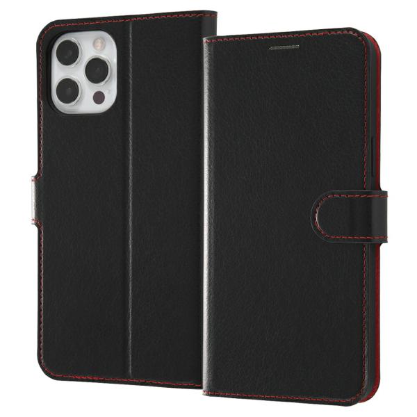 iPhone12 Pro Max ケース 手帳型 耐衝撃 マグネットベルト シンプル レザー ブラッ...